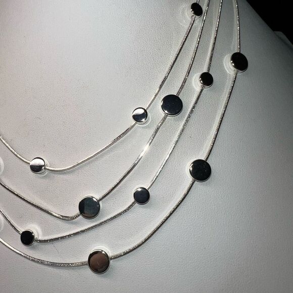 Multi Layer Silver‎ Tone Silver Disc Station Necklace - Picture 3 of 10